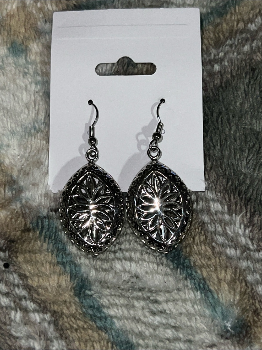 Silver-tone Filigree Oval Drop Earrings